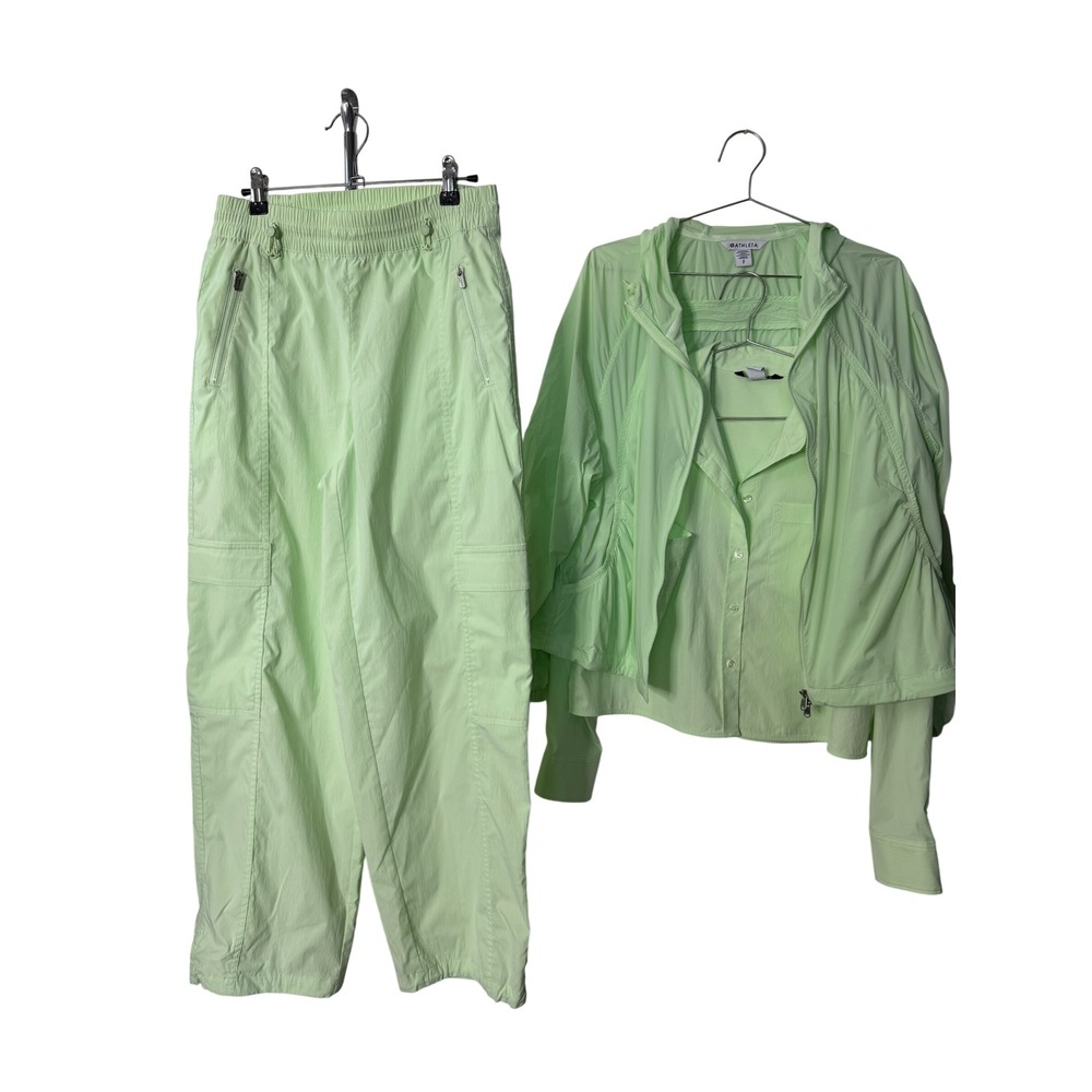 Athleta 3 Piece Set Green Hooded Jacket Button Down Cargo Joggers Small